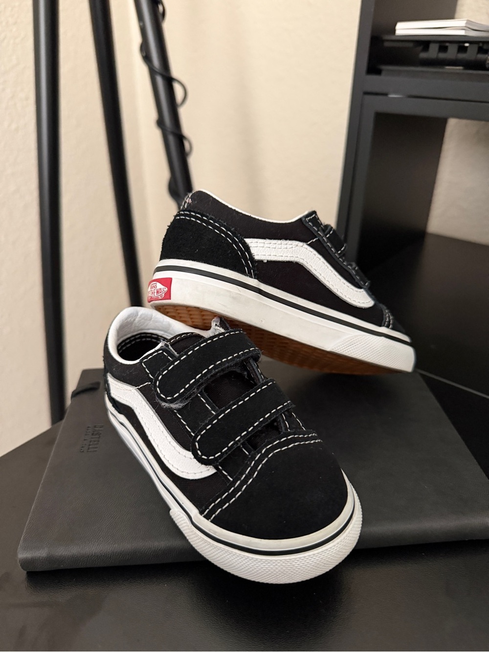 Vans Kids Black and White Velcro Old Skool Sneakers